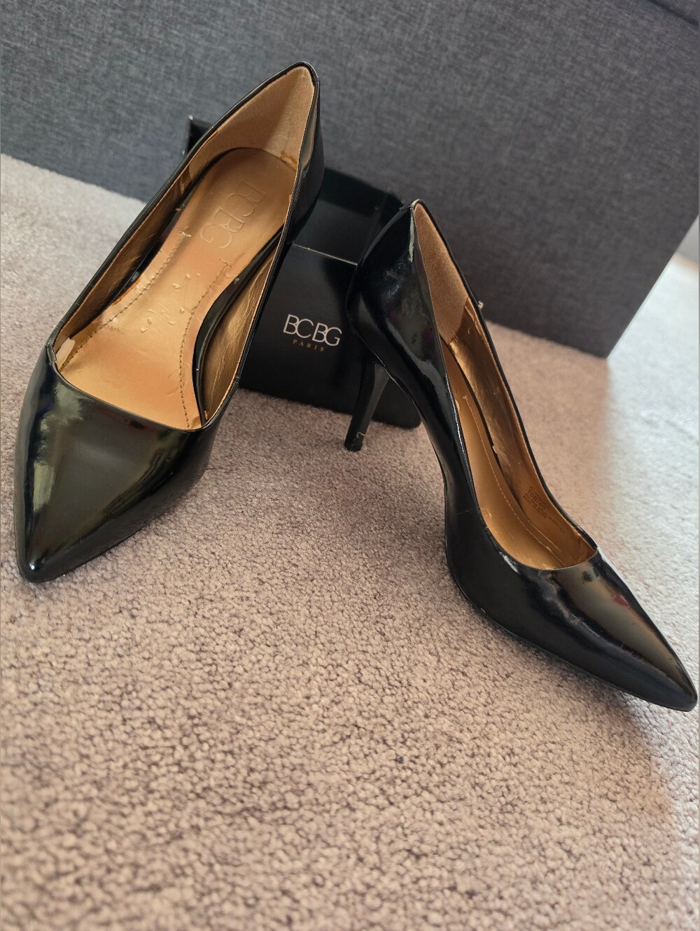 BCBG Black Patent Pointed-Toe Stiletto Heels